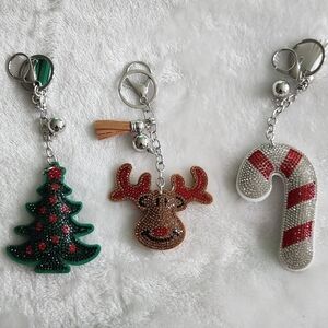 Christmas Tree, Reindeer, and Candy Cane Festive Keychain Set Bag Charm